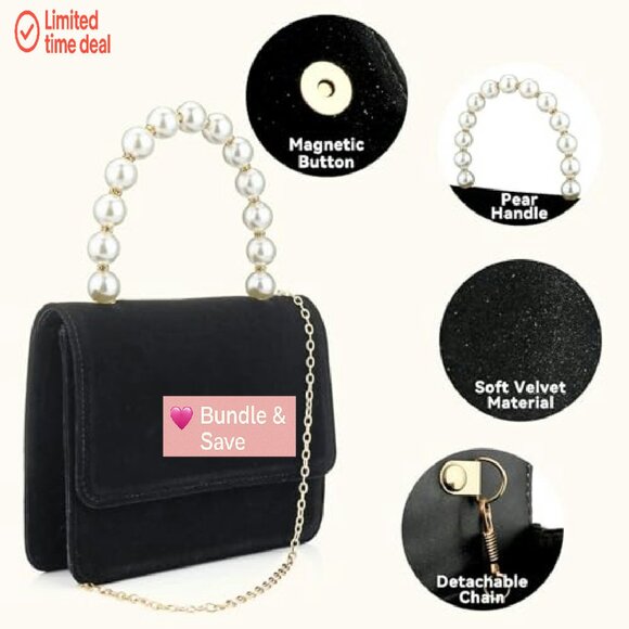 Velvet Evening Bag with Pearl Handle, Detachable Chain, Crossbody Clutch - Picture 6 of 7